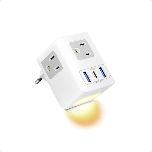 20W USB C European Travel Plug Adapter with Night Light, US to Europe International Power Plug Adapter 3 Outlets 3 USB Ports