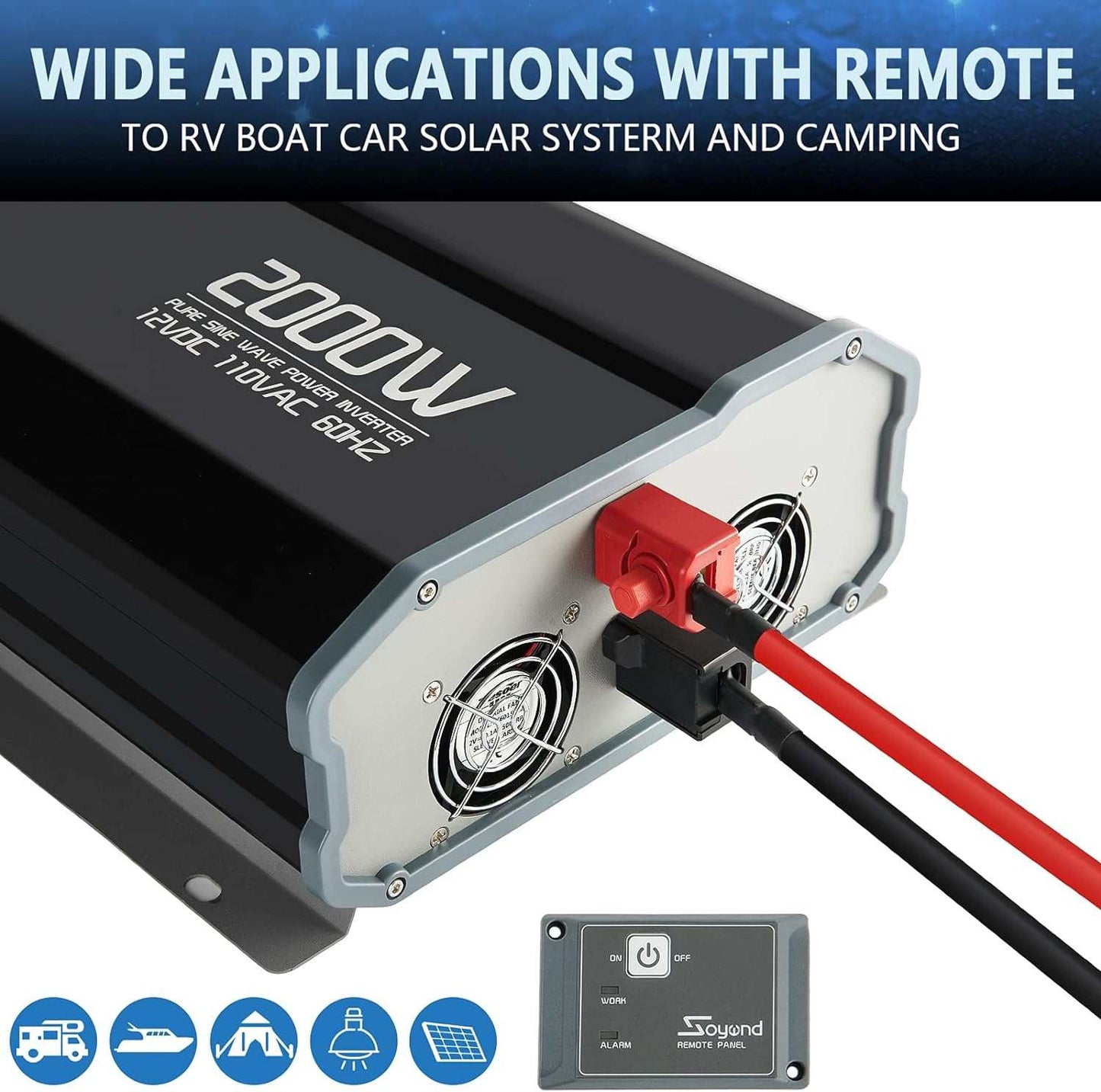 Power Inverter Pure Sine Wave, 12vdc to 120vac RV Inverter