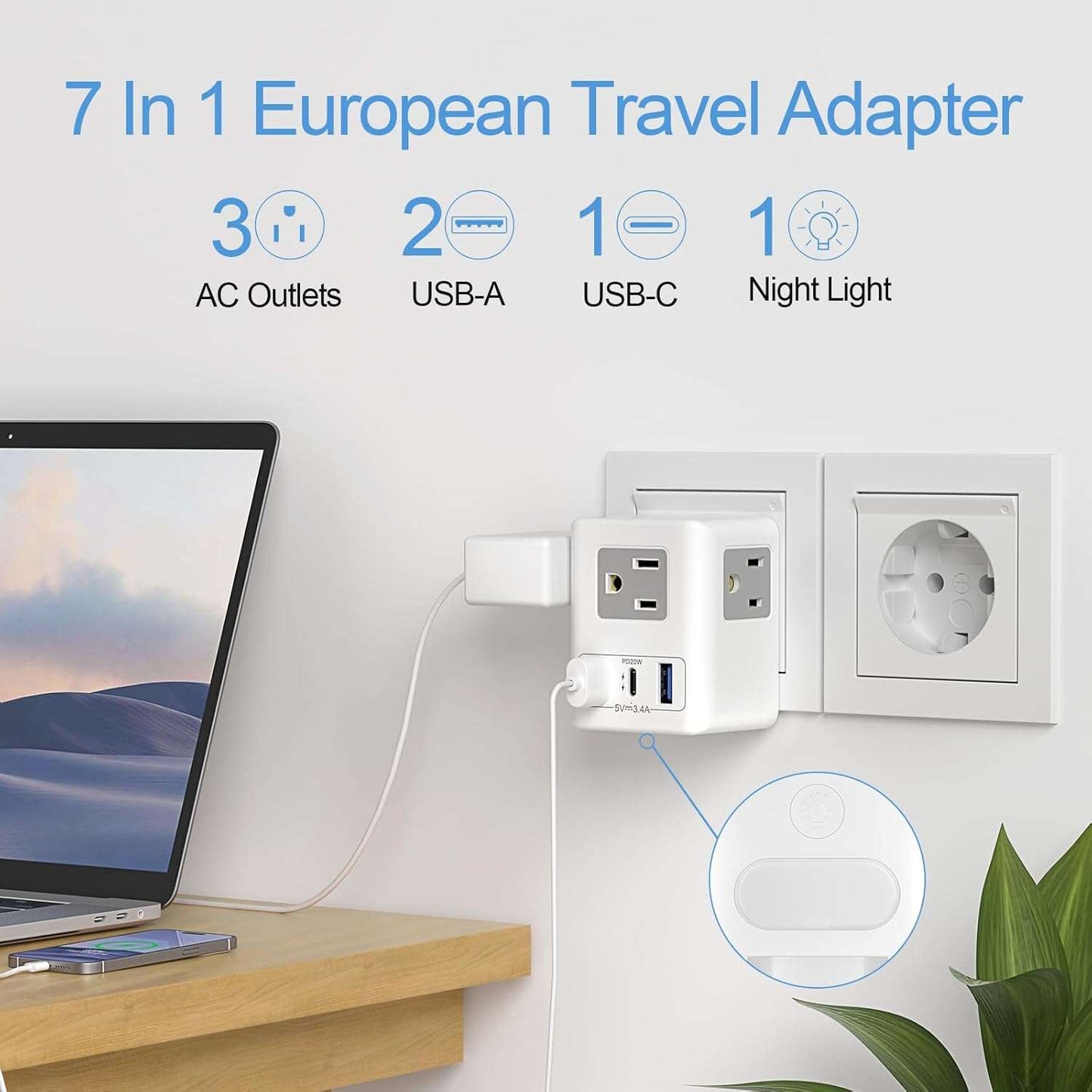 20W USB C European Travel Plug Adapter with Night Light, US to Europe International Power Plug Adapter 3 Outlets 3 USB Ports
