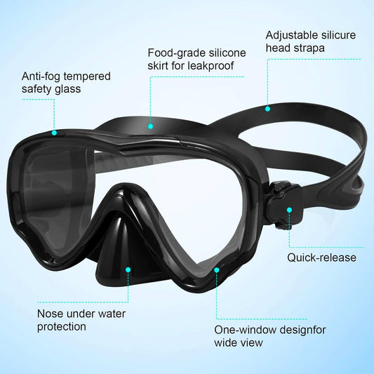 Snorkeling Gear for Adults - Anti-Fog Lenses 180°Panoramic Wide View Snorkel Set - 100% Food Grade Silicone Dry-Top Snorkel Gear - Adjustable Strap Diving Mask (Black)