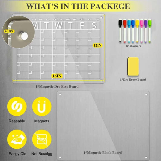 Acrylic Magnetic Monthly for Fridge,16”x12" Clear Magnetic Dry Erase Monthly Calendar