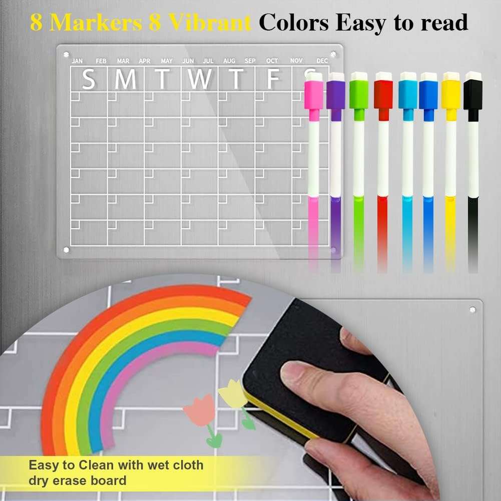 Acrylic Magnetic Monthly for Fridge,16”x12" Clear Magnetic Dry Erase Monthly Calendar