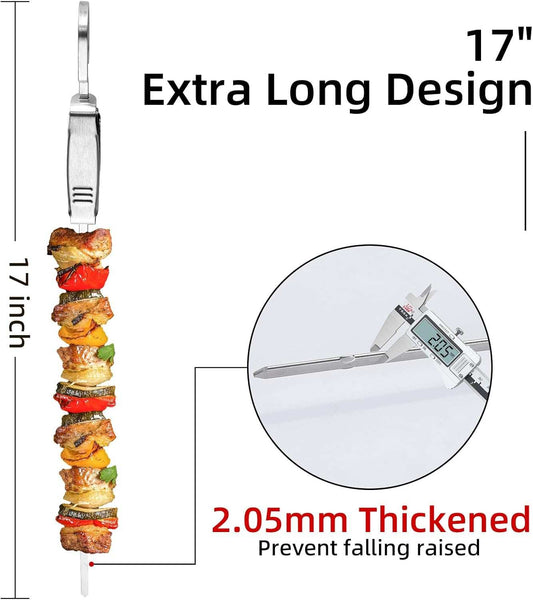 Skewers for Grilling-17" 304 Stainless Steel Skewers for Grilling with Slider, Flat Anti-Roll Metal Skewers for Kabobs Reusable Metal Kabob Skewers for Grilling for Meat Shrimp Vegetable (8 Pack)