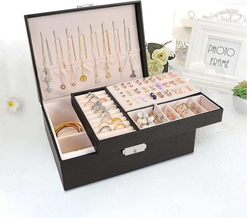 Jewelry Box for Women Girls Jewelry Organizer Storage Case 2 Layer PU This luxurious jewelry box is the perfect gift for any woman with an exquisite taste! With 8 necklace hooks, 1 jewelry pouch, 10 ring slots, 54 earring holder hooksindoorTOPDEALTOPDEALWomen Girls Jewelry Organizer Storage Case 2 Layer PU Leather DisplayJewelry Box for Women Girls Jewelry Organizer Storage Case 2 Layer PU