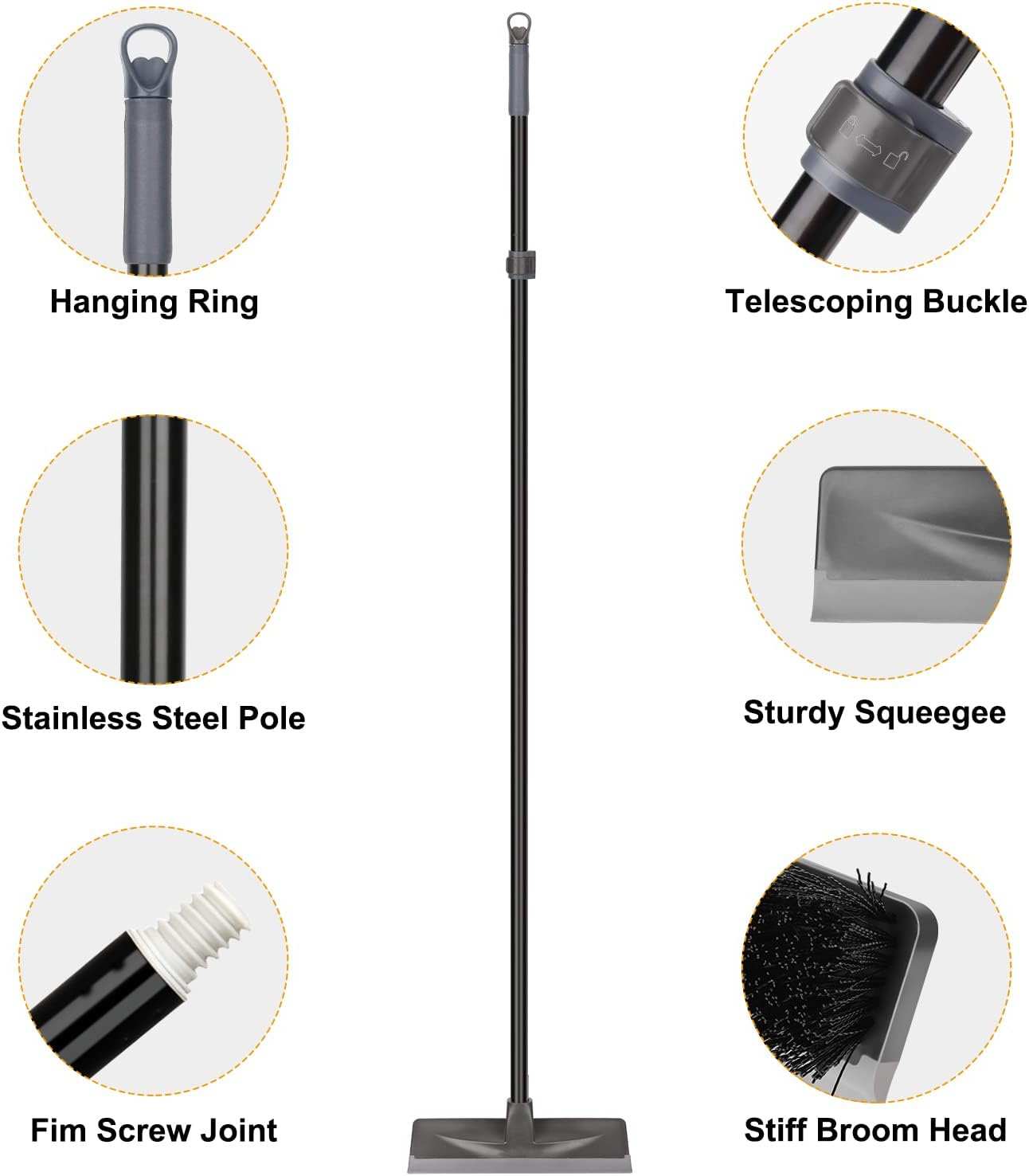 Floor Scrub Brush with Long Handle 59", Heavy Duty Stiff Bristle FloorScrub and squeeze away dirt and grime with this Floor Scrub Brush! The heavy duty bristles easily scrub away tough messes, while an integrated squeegee quickly cleanoutdoorTOPDEALTOPDEALCleaning Deck Patio Bathroom Garage Kitchen Wall Tub Tile Swimming Pool, Gray