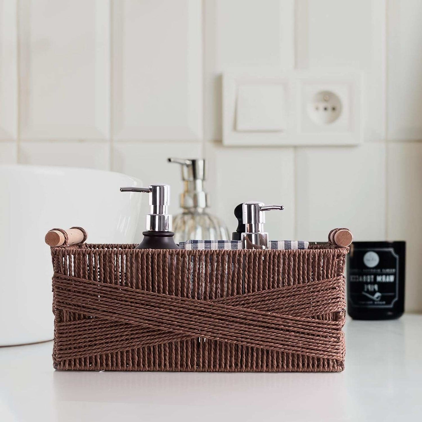 Storage basket with handle, large rectangular wicker basket, 2 pcs Organize and store with style using this elegant set of two wicker baskets. Handcrafted from high-quality seagrass and lined with sturdy iron frames, these minimaindoorTOPDEALTOPDEALbasketStorage basket with handle, large rectangular wicker basket, 2 pcs