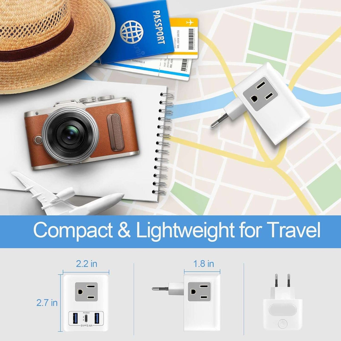 20W USB C European Travel Plug Adapter with Night Light, US to Europe International Power Plug Adapter 3 Outlets 3 USB Ports