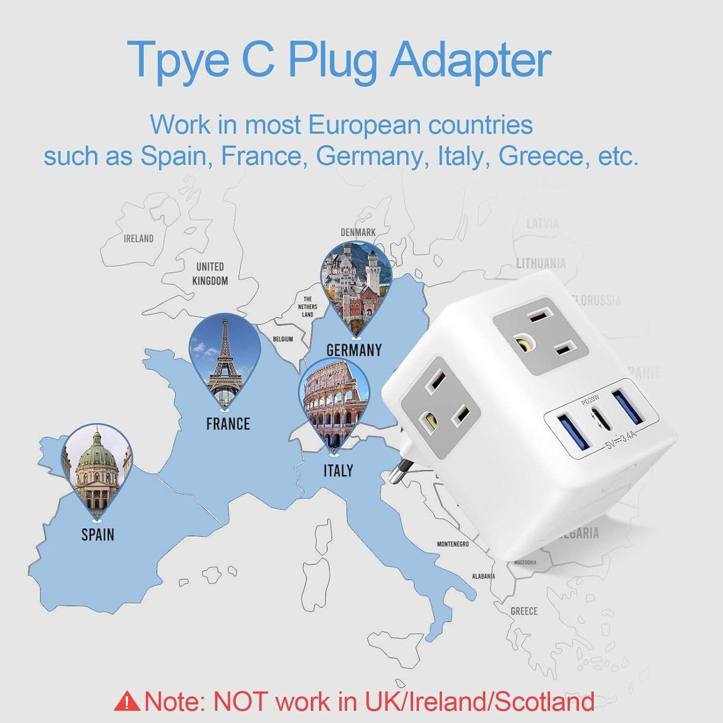 20W USB C European Travel Plug Adapter with Night Light, US to Europe International Power Plug Adapter 3 Outlets 3 USB Ports