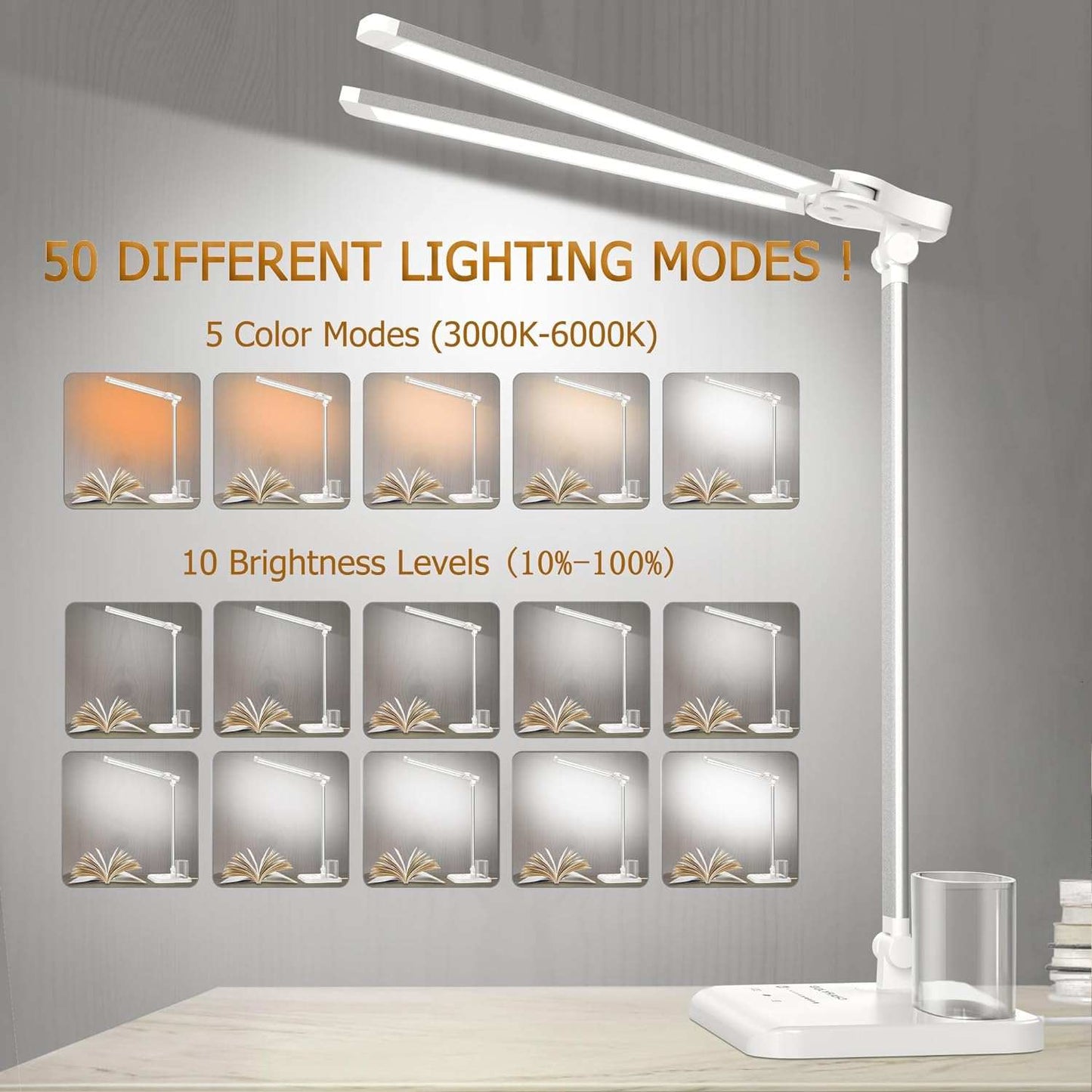 LED Desk Lamp Dimmable Table Lamp with USB Charging Port, 50 Lighting Modes, Adjustable Foldable Dual Swing Arm Architect Desk Lamp for Home Office, Eye-Caring Reading Lamp w/ Pen Holder 45min Timer