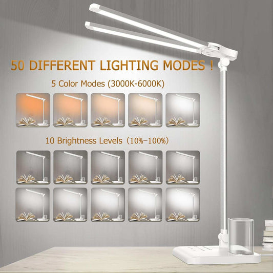 LED Desk Lamp Dimmable Table Lamp with USB Charging Port, 50 Lighting Modes, Adjustable Foldable Dual Swing Arm Architect Desk Lamp for Home Office, Eye-Caring Reading Lamp w/ Pen Holder 45min Timer