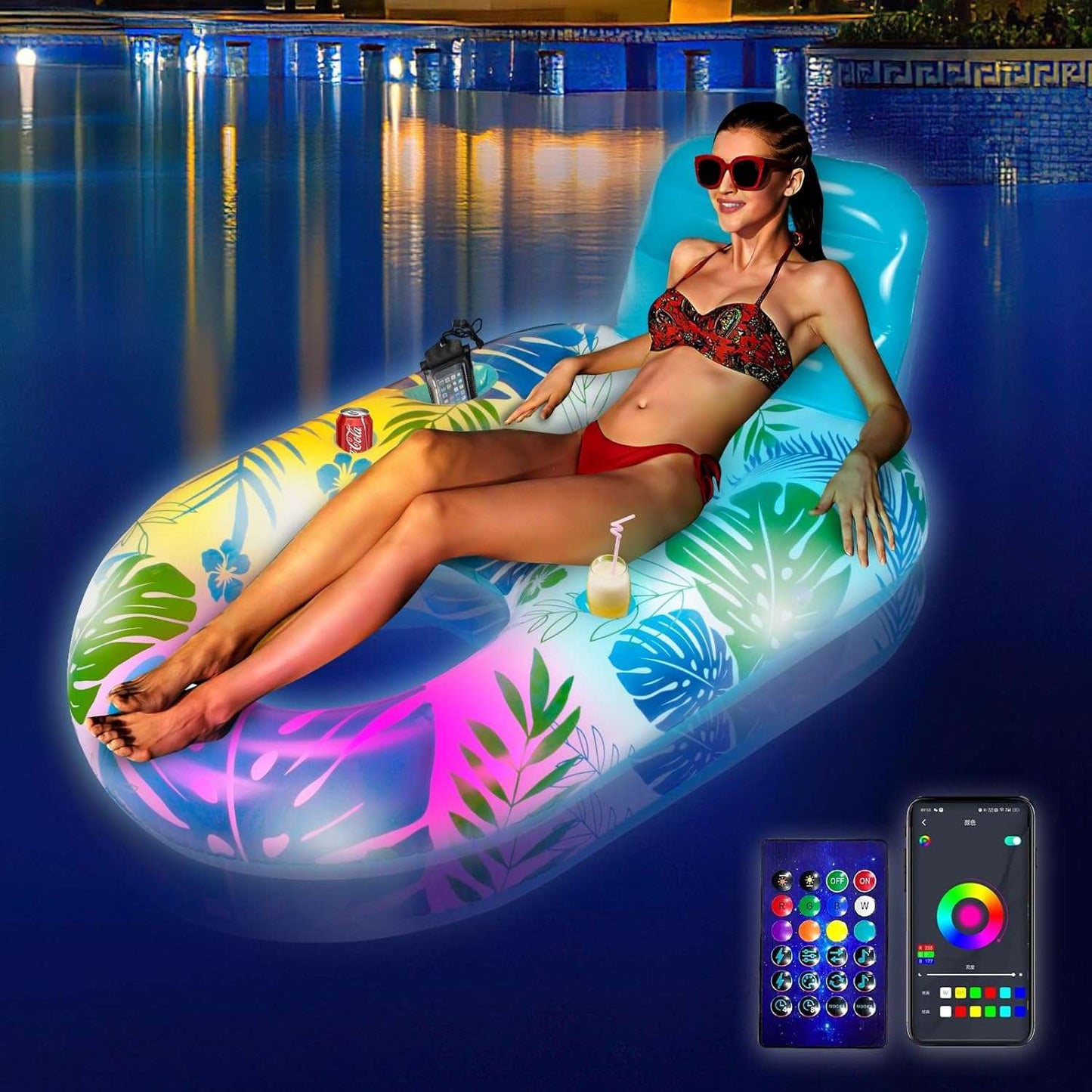 Light-up Inflatable Pool Floats Lounger Adult with Remote & APP Control-Floating Pool Lounge Chair with Cup Holders-Swimming Pool Floaties Beach Rafts Water Floaty for Adults