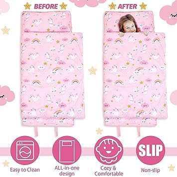 2 Pack Toddler Nap Mats for Preschool Girls Nap Mats with Pillows and 2 Pack Toddler Nap Mat for Girls Nap Mats for Preschool with Pillow and Blanket Extra Large Kids Sleeping Bag Soft Microfiber Rolled Napping Mats for Daycare Travel indoorTOPDEALTOPDEAL2 Pack Toddler Nap Mats