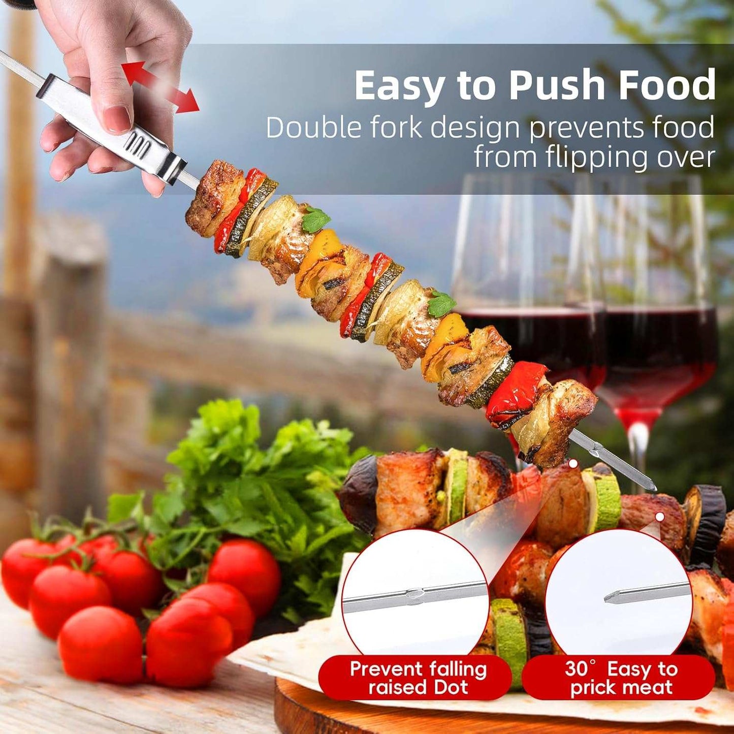 Skewers for Grilling-17" 304 Stainless Steel Skewers for Grilling with Slider, Flat Anti-Roll Metal Skewers for Kabobs Reusable Metal Kabob Skewers for Grilling for Meat Shrimp Vegetable (8 Pack)