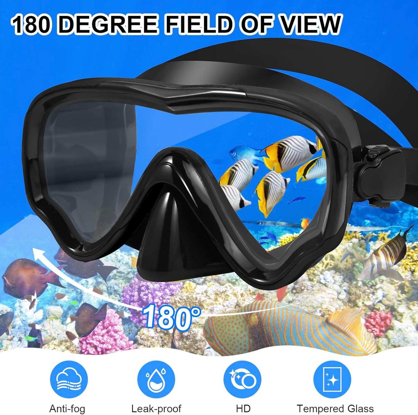 Snorkeling Gear for Adults - Anti-Fog Lenses 180°Panoramic Wide View Snorkel Set - 100% Food Grade Silicone Dry-Top Snorkel Gear - Adjustable Strap Diving Mask (Black)