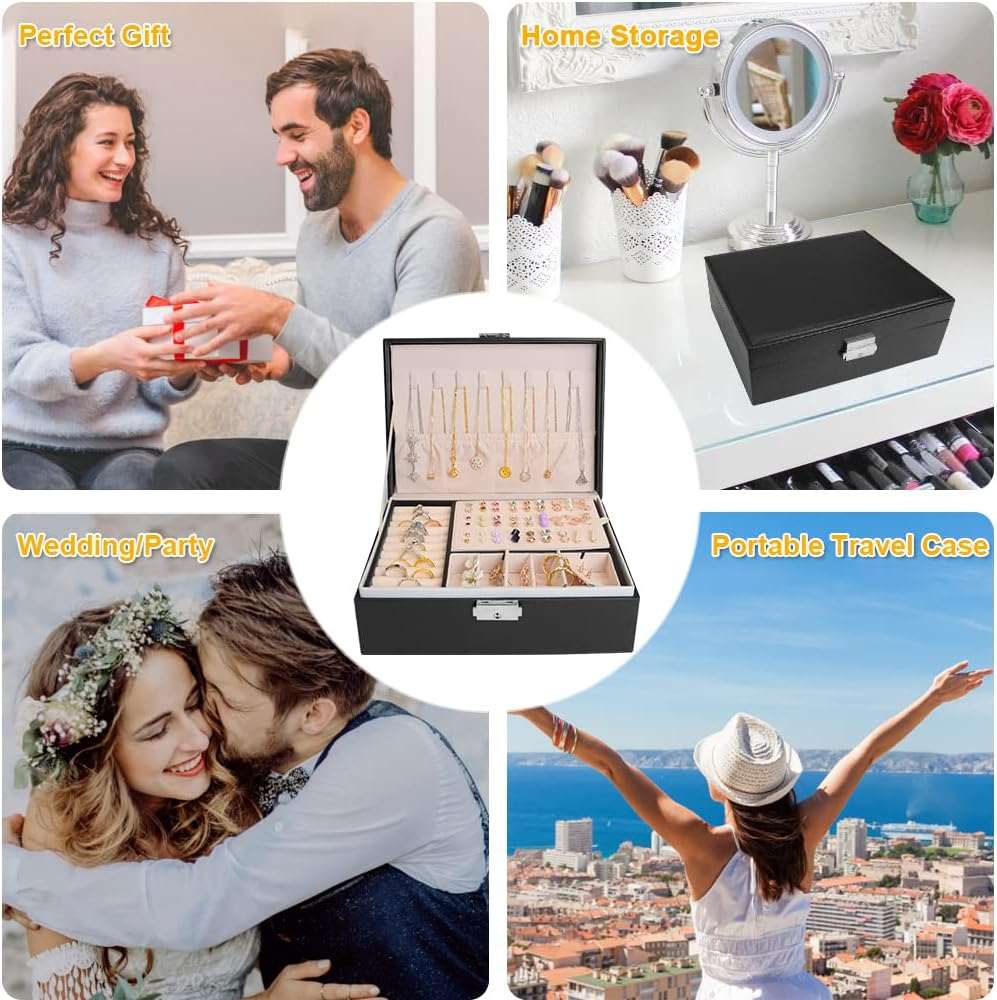 Jewelry Box for Women Girls Jewelry Organizer Storage Case 2 Layer PU This luxurious jewelry box is the perfect gift for any woman with an exquisite taste! With 8 necklace hooks, 1 jewelry pouch, 10 ring slots, 54 earring holder hooksindoorTOPDEALTOPDEALWomen Girls Jewelry Organizer Storage Case 2 Layer PU Leather DisplayJewelry Box for Women Girls Jewelry Organizer Storage Case 2 Layer PU
