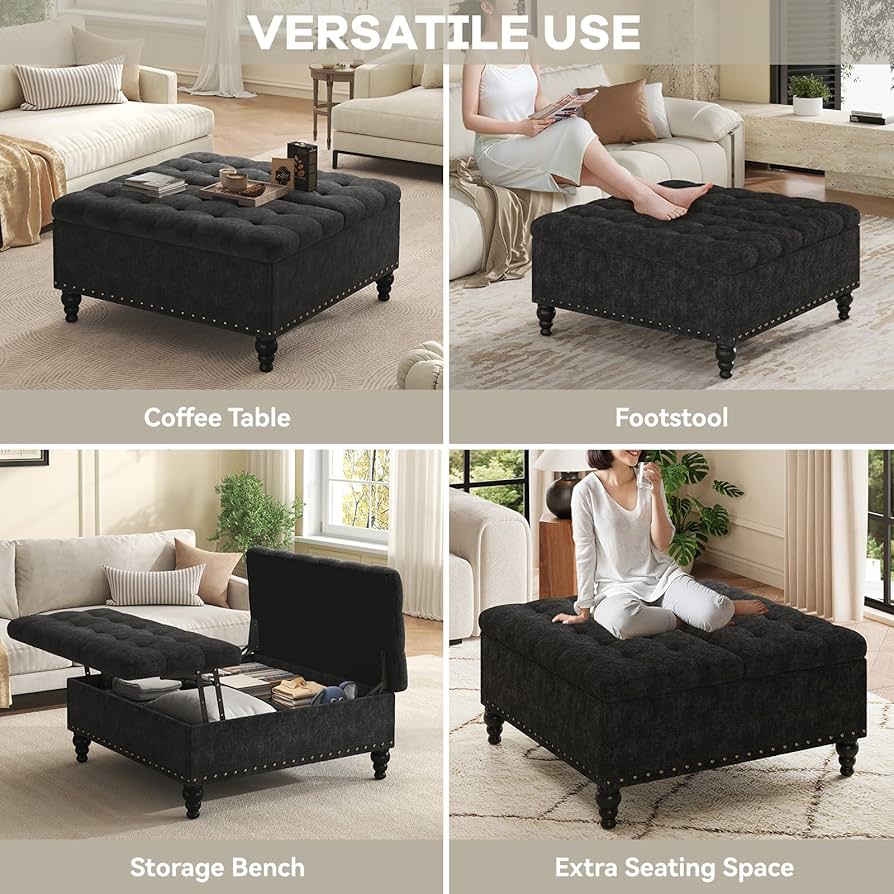 VERCHEL Large Square Storage Ottoman Bench,Black