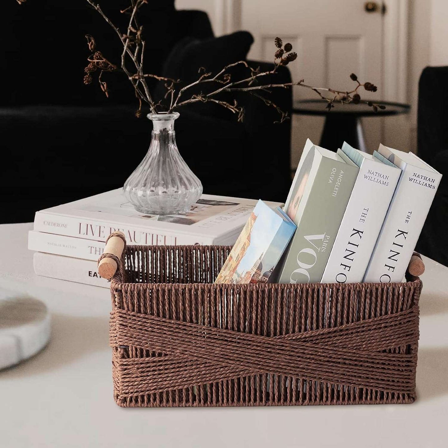 Storage basket with handle, large rectangular wicker basket, 2 pcs Organize and store with style using this elegant set of two wicker baskets. Handcrafted from high-quality seagrass and lined with sturdy iron frames, these minimaindoorTOPDEALTOPDEALbasketStorage basket with handle, large rectangular wicker basket, 2 pcs