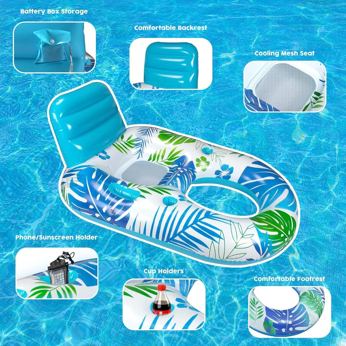 Light-up Inflatable Pool Floats Lounger Adult with Remote & APP Control-Floating Pool Lounge Chair with Cup Holders-Swimming Pool Floaties Beach Rafts Water Floaty for Adults