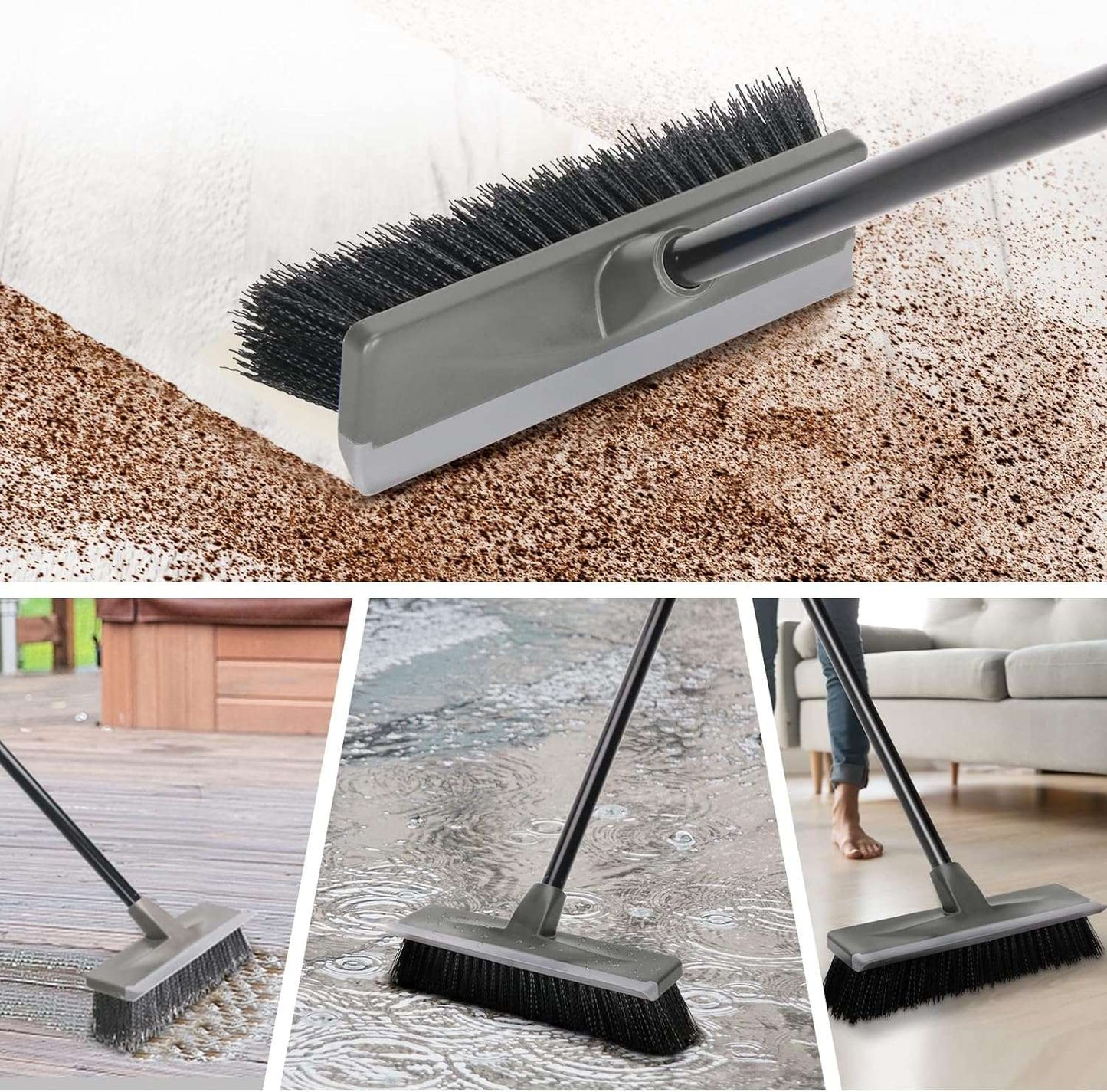Floor Scrub Brush with Long Handle 59", Heavy Duty Stiff Bristle FloorScrub and squeeze away dirt and grime with this Floor Scrub Brush! The heavy duty bristles easily scrub away tough messes, while an integrated squeegee quickly cleanoutdoorTOPDEALTOPDEALCleaning Deck Patio Bathroom Garage Kitchen Wall Tub Tile Swimming Pool, Gray