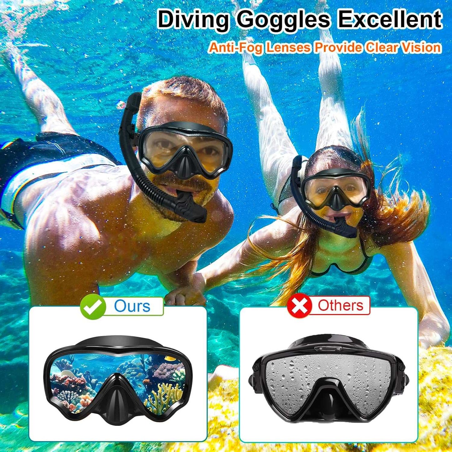 Snorkeling Gear for Adults - Anti-Fog Lenses 180°Panoramic Wide View Snorkel Set - 100% Food Grade Silicone Dry-Top Snorkel Gear - Adjustable Strap Diving Mask (Black)