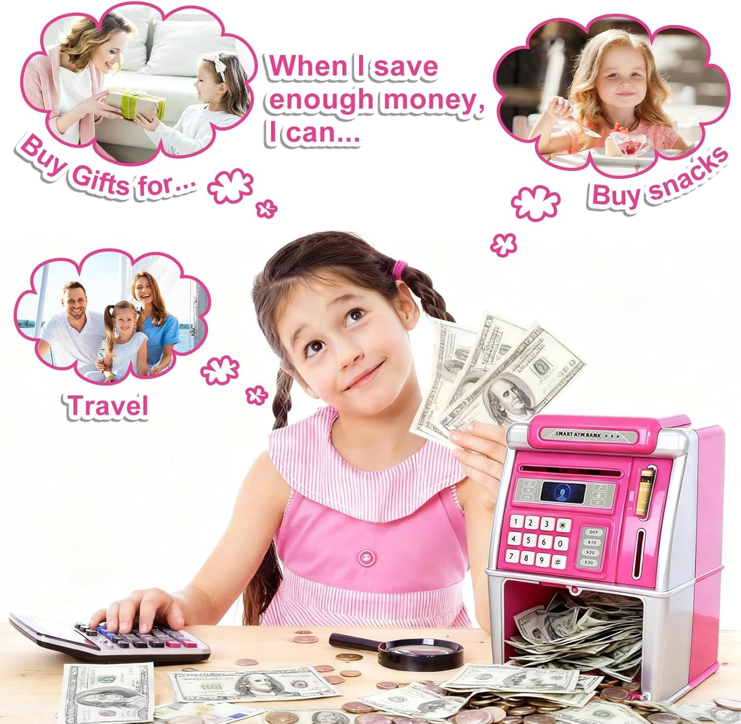 Piggy Bank for Kids, ATM Machine for Real Money with Password Lock, Electronic Savings Box, ATM Piggy Bank Gifts for 3-12 Year Old Girls Boys