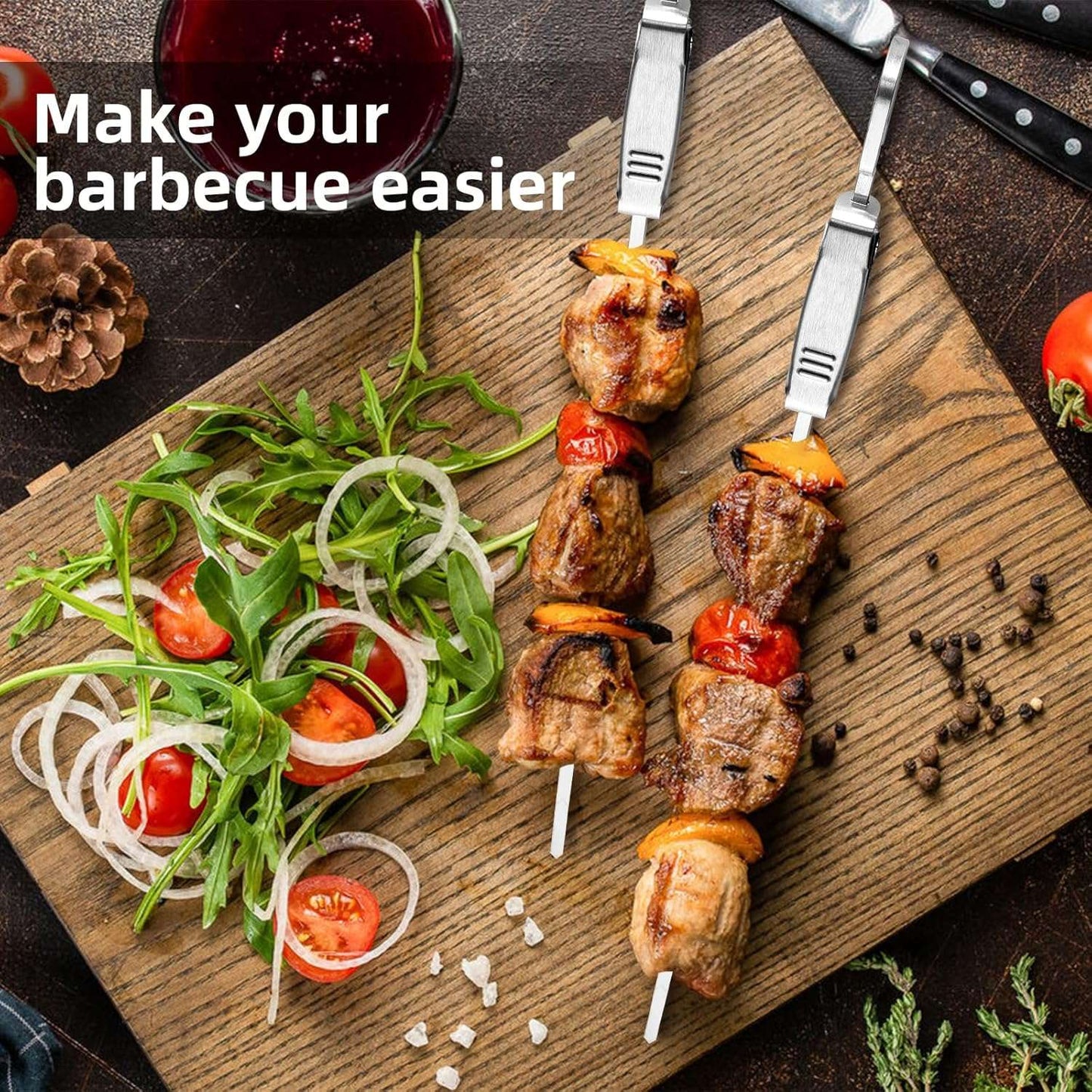 Skewers for Grilling-17" 304 Stainless Steel Skewers for Grilling with Slider, Flat Anti-Roll Metal Skewers for Kabobs Reusable Metal Kabob Skewers for Grilling for Meat Shrimp Vegetable (8 Pack)