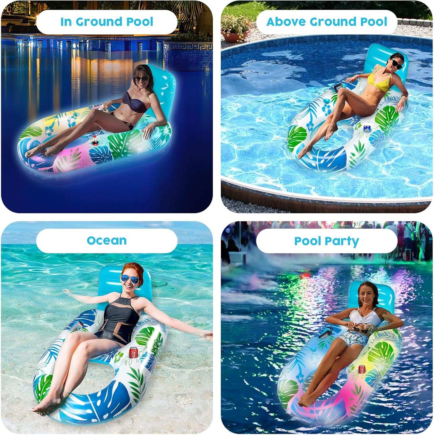 Light-up Inflatable Pool Floats Lounger Adult with Remote & APP Control-Floating Pool Lounge Chair with Cup Holders-Swimming Pool Floaties Beach Rafts Water Floaty for Adults