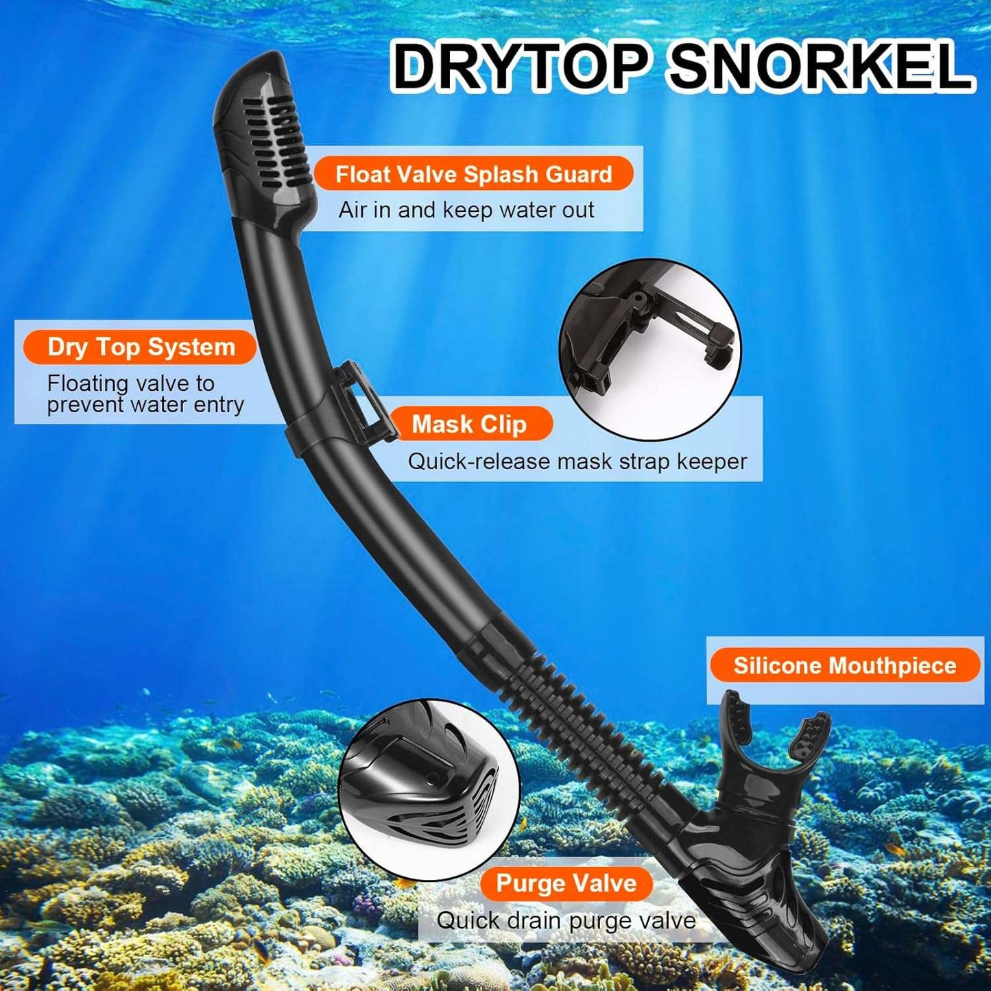 Snorkeling Gear for Adults - Anti-Fog Lenses 180°Panoramic Wide View Snorkel Set - 100% Food Grade Silicone Dry-Top Snorkel Gear - Adjustable Strap Diving Mask (Black)