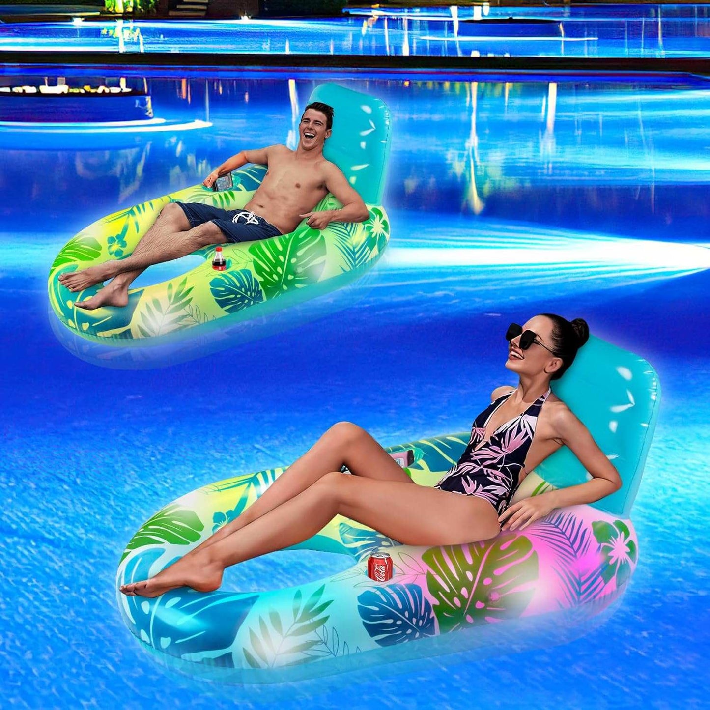 Light-up Inflatable Pool Floats Lounger Adult with Remote & APP Control-Floating Pool Lounge Chair with Cup Holders-Swimming Pool Floaties Beach Rafts Water Floaty for Adults