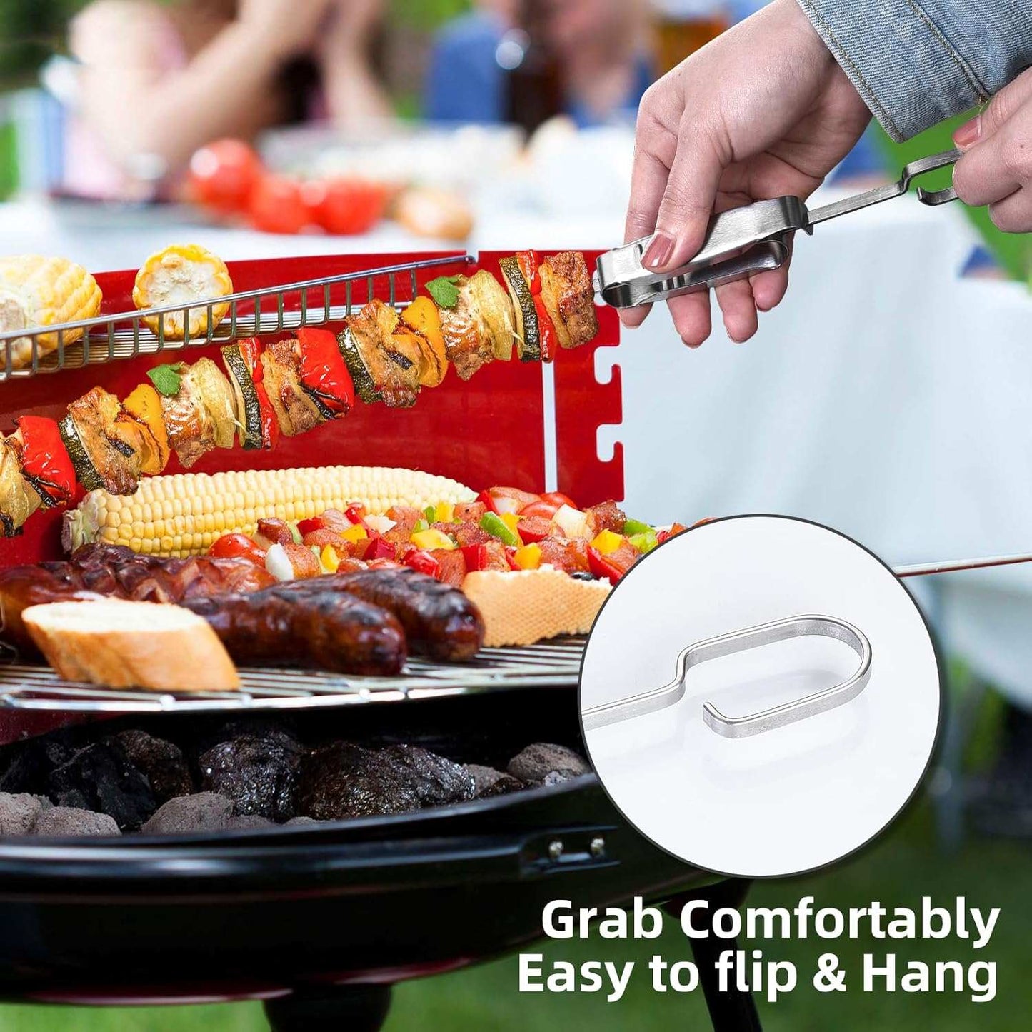 Skewers for Grilling-17" 304 Stainless Steel Skewers for Grilling with Slider, Flat Anti-Roll Metal Skewers for Kabobs Reusable Metal Kabob Skewers for Grilling for Meat Shrimp Vegetable (8 Pack)
