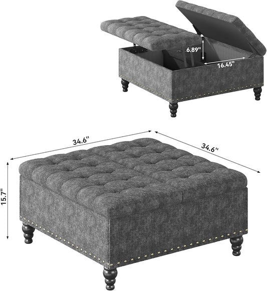 VERCHEL Large Square Storage Ottoman Bench, Dark Gray