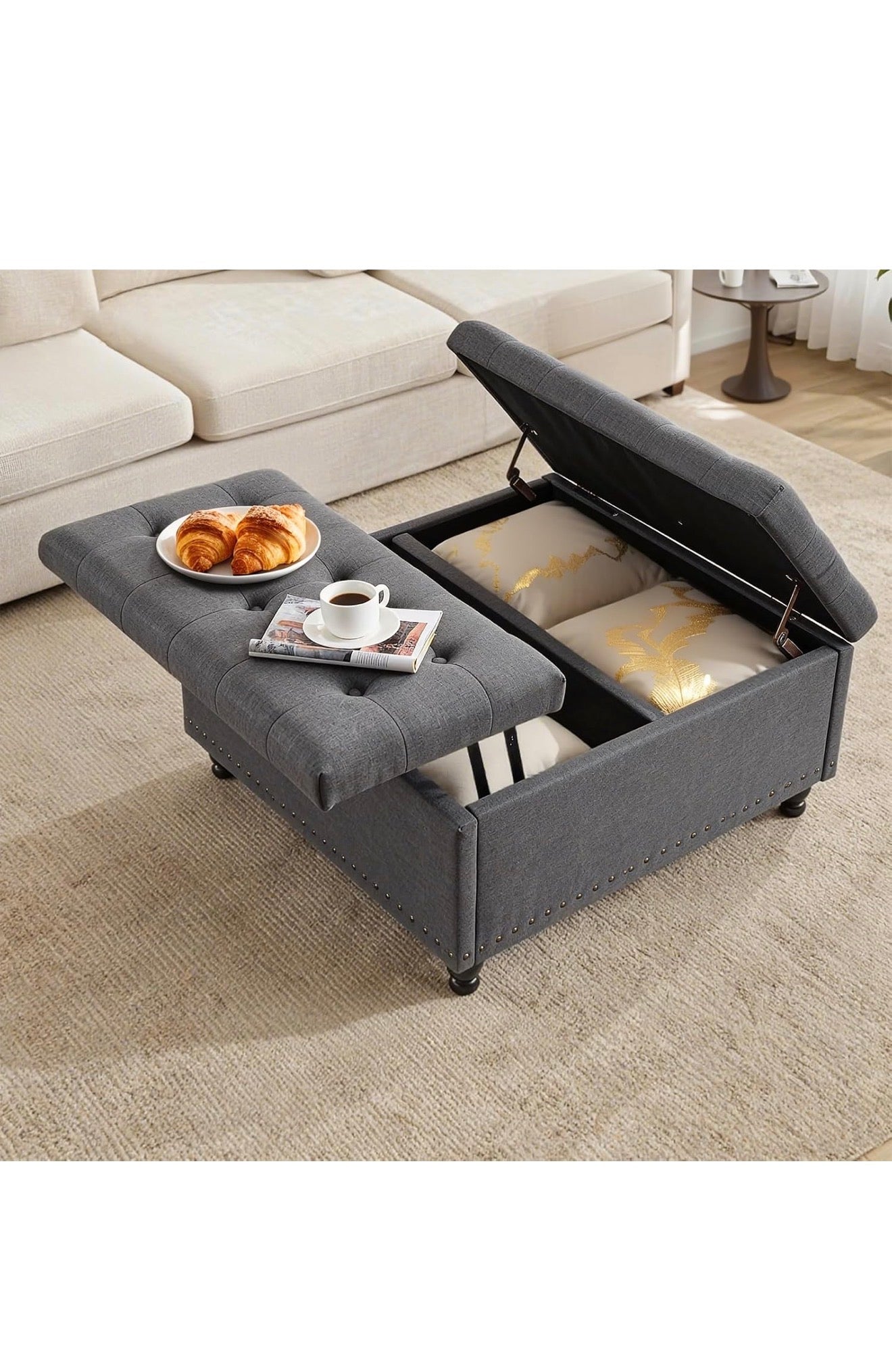 VERCHEL Large Square Storage Ottoman Bench, Dark Gray