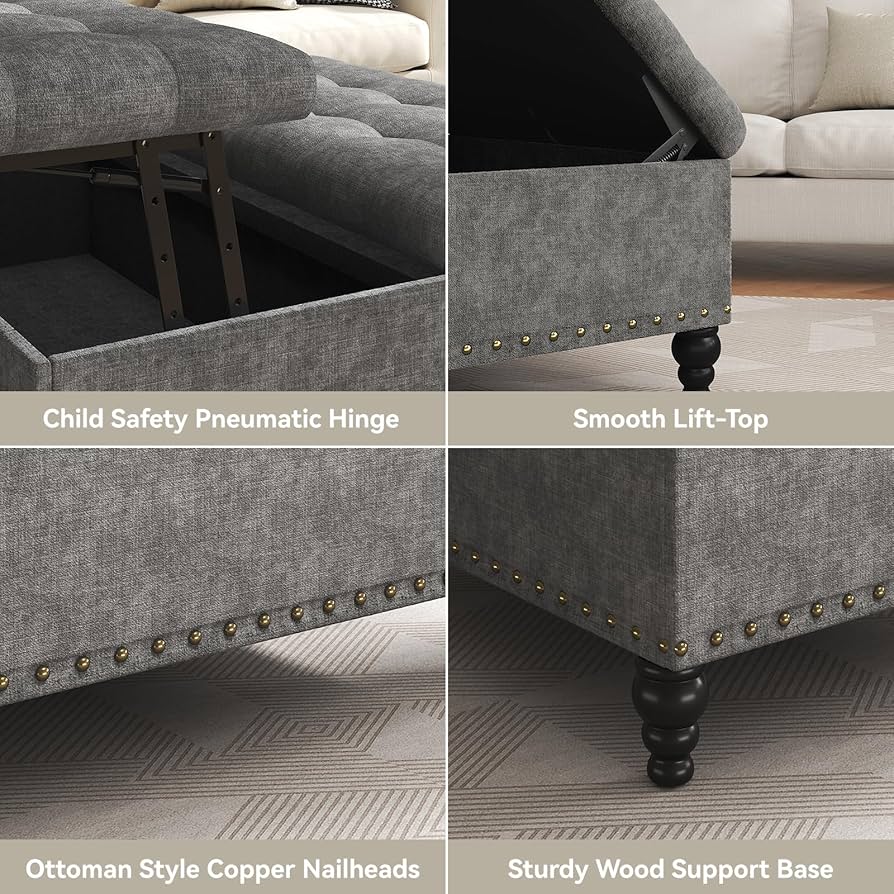 VERCHEL Large Square Storage Ottoman Bench, Dark Gray