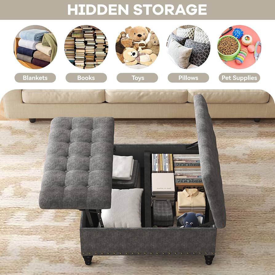 VERCHEL Large Square Storage Ottoman Bench, Dark Gray