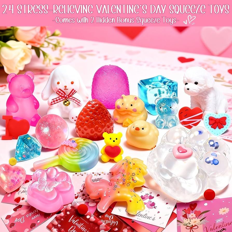 Valentines Day Gifts for Kids - 24Pcs Taba Squishies Kit Fidget Toys with Greeting Cards