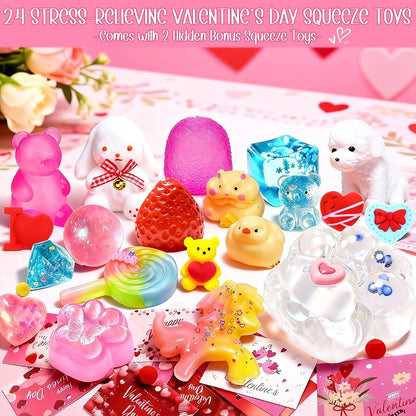 Valentines Day Gifts for Kids - 24Pcs Taba Squishies Kit Fidget Toys with Greeting Cards