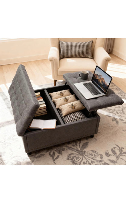 VERCHEL Large Square Storage Ottoman Bench, Dark Gray