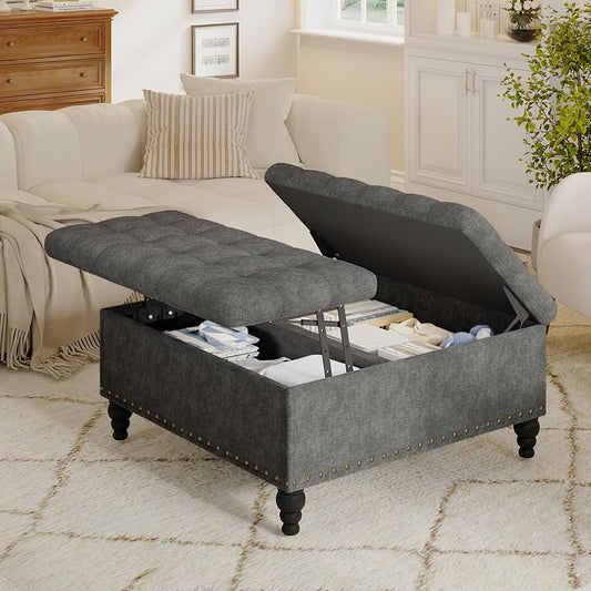 VERCHEL Large Square Storage Ottoman Bench, Dark Gray