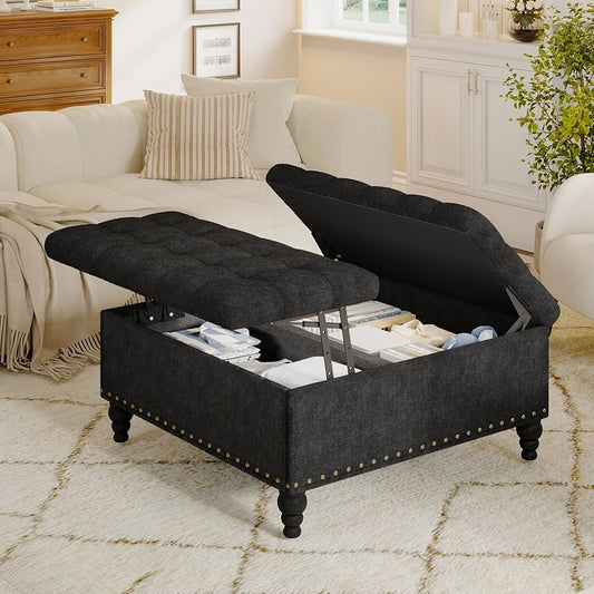 VERCHEL Large Square Storage Ottoman Bench,Black