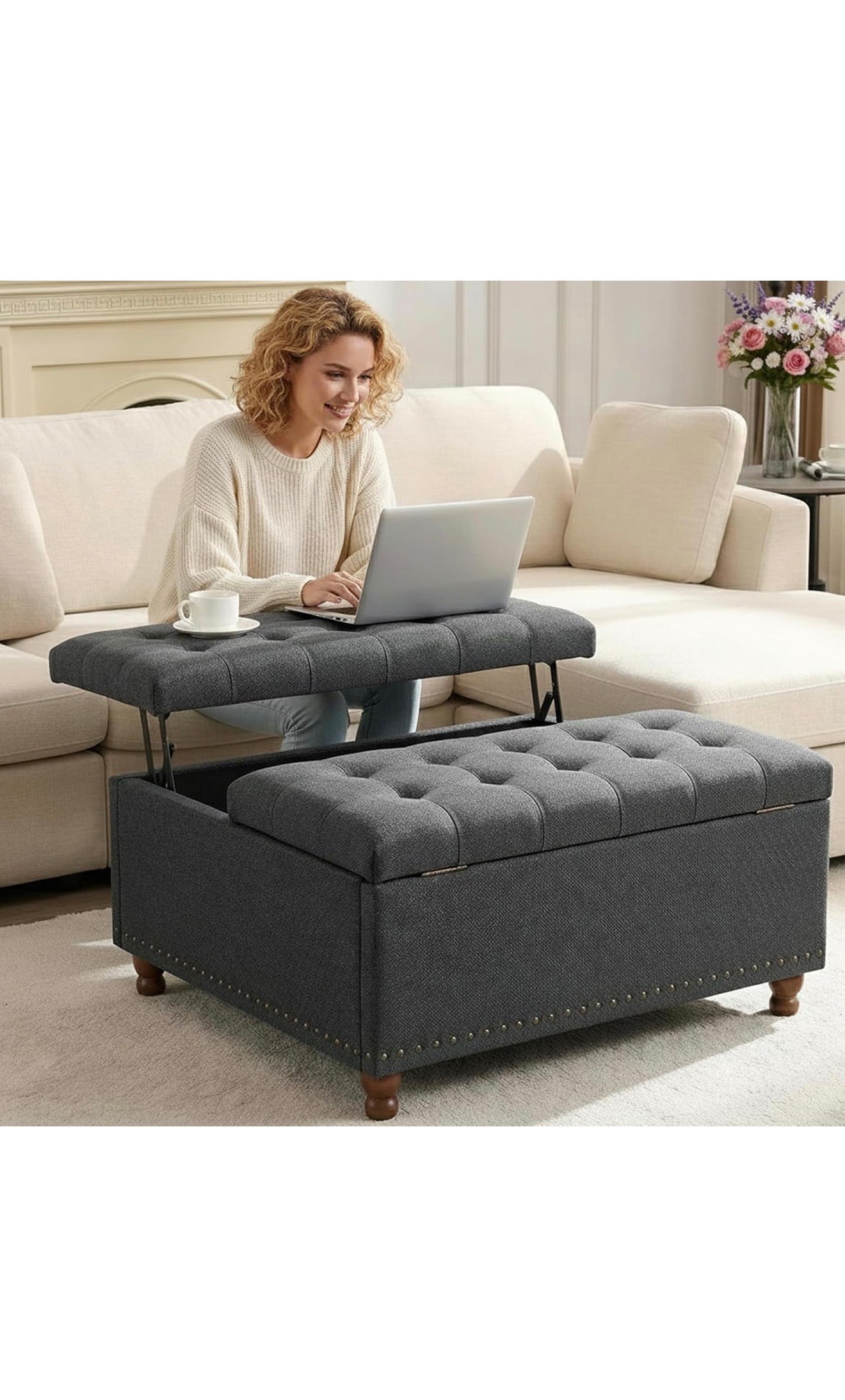 VERCHEL Large Square Storage Ottoman Bench, Dark Gray