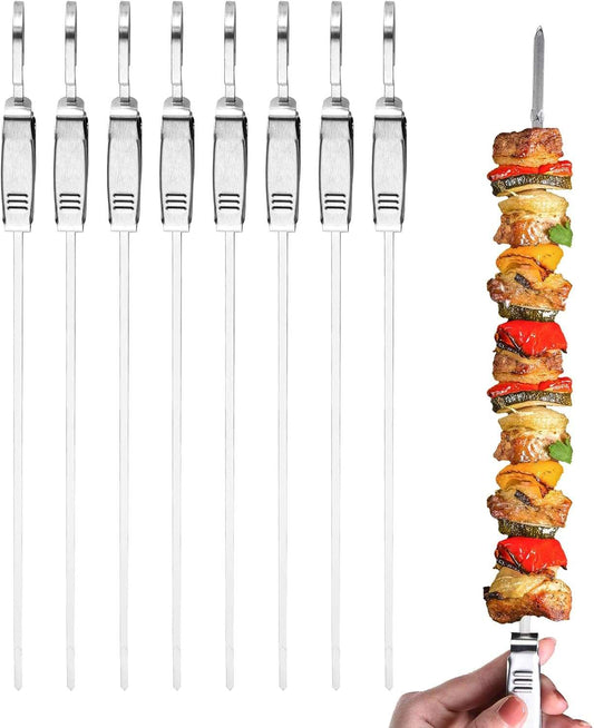 Skewers for Grilling-17" 304 Stainless Steel Skewers for Grilling with Slider, Flat Anti-Roll Metal Skewers for Kabobs Reusable Metal Kabob Skewers for Grilling for Meat Shrimp Vegetable (8 Pack)