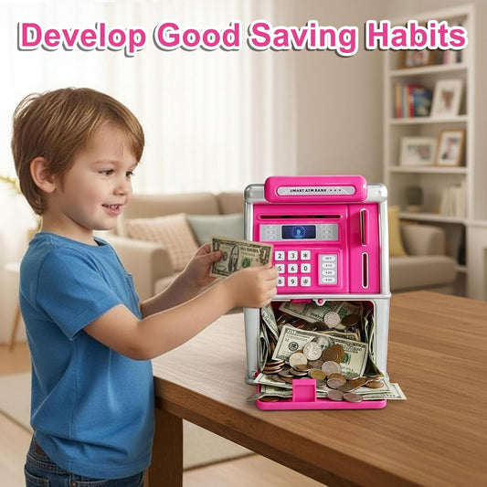 Piggy Bank for Kids, ATM Machine for Real Money with Password Lock, Electronic Savings Box, ATM Piggy Bank Gifts for 3-12 Year Old Girls Boys