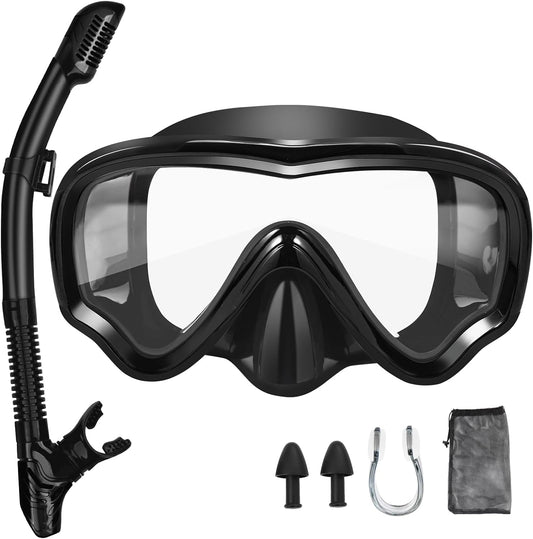 Snorkeling Gear for Adults - Anti-Fog Lenses 180°Panoramic Wide View Snorkel Set - 100% Food Grade Silicone Dry-Top Snorkel Gear - Adjustable Strap Diving Mask (Black)