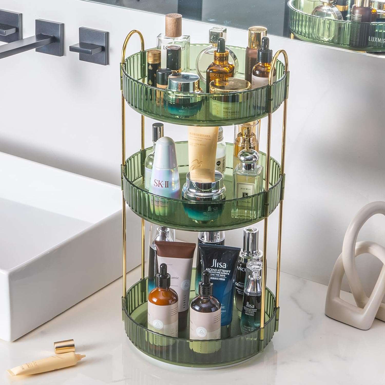 360° rotating makeup storage rack, bathroom makeup rotating stand (3 l   Elevate your vanity with this luxurious 360° rotating makeup organizer. Its smooth spinning feature allows for maximum storage while maintaining an elegant look. indoorTOPDEALTOPDEALmakeup storage rack360° rotating makeup storage rack, bathroom makeup rotating stand (3 l