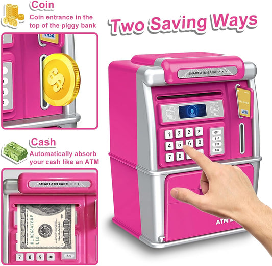 Piggy Bank for Kids, ATM Machine for Real Money with Password Lock, Electronic Savings Box, ATM Piggy Bank Gifts for 3-12 Year Old Girls Boys