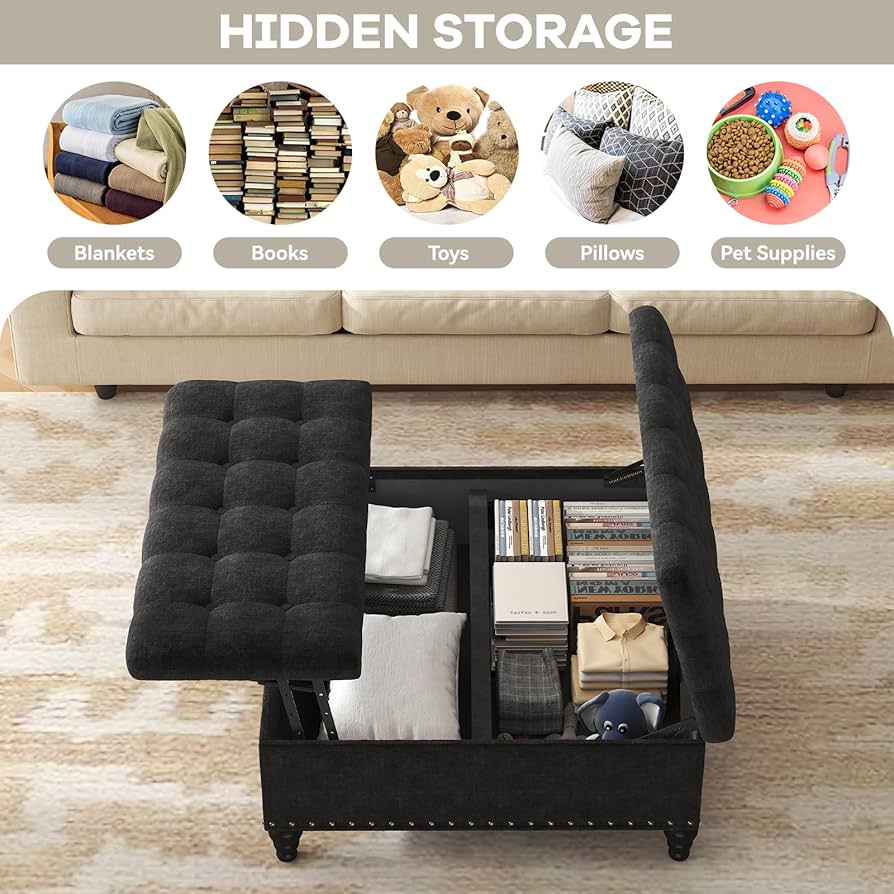 VERCHEL Large Square Storage Ottoman Bench,Black