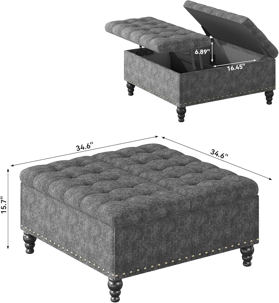 VERCHEL Large Square Storage Ottoman Bench, Dark Gray