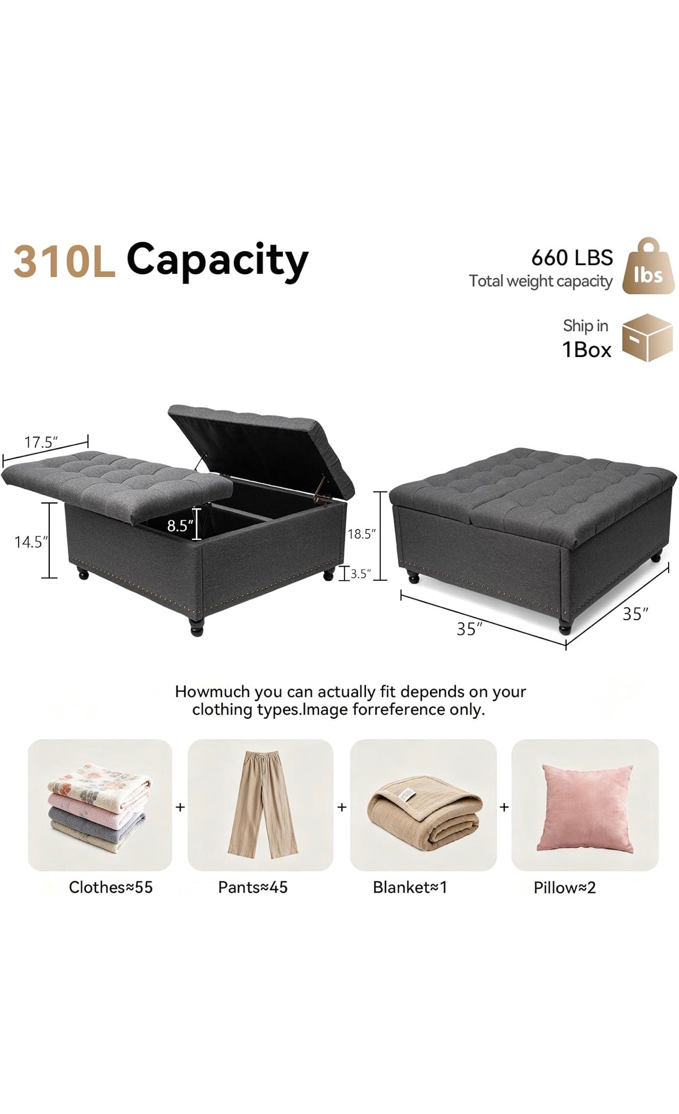 VERCHEL Large Square Storage Ottoman Bench, Dark Gray