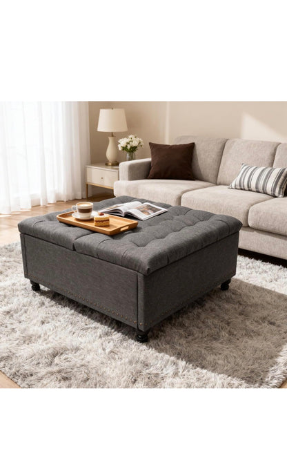 VERCHEL Large Square Storage Ottoman Bench, Dark Gray