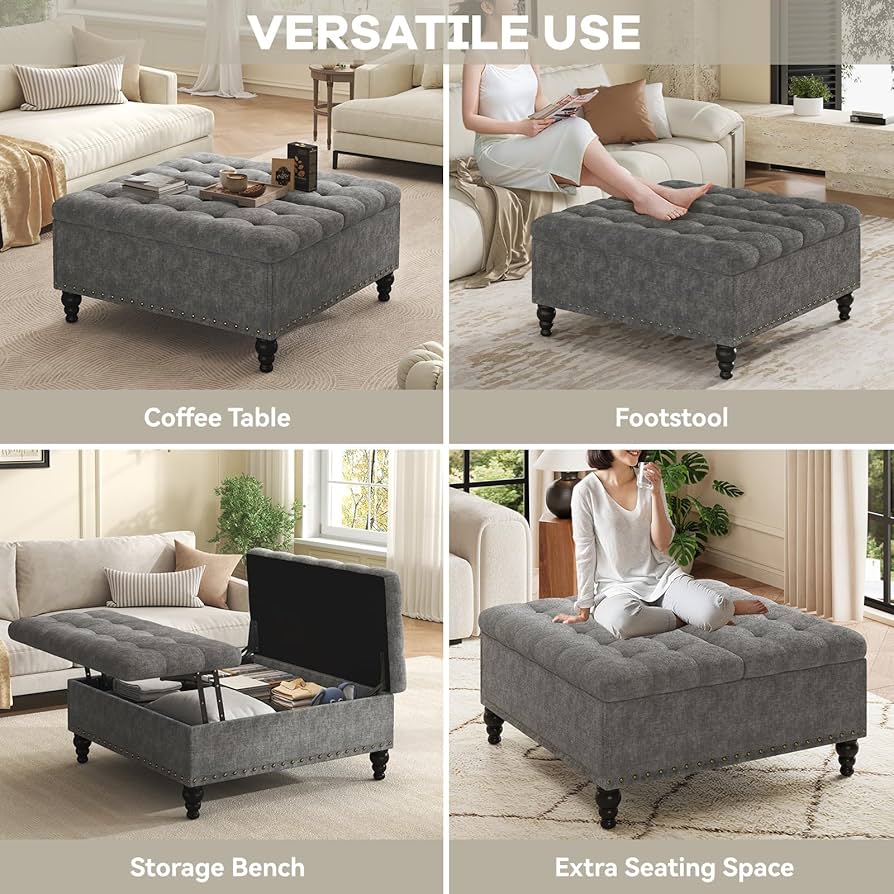 VERCHEL Large Square Storage Ottoman Bench, Dark Gray